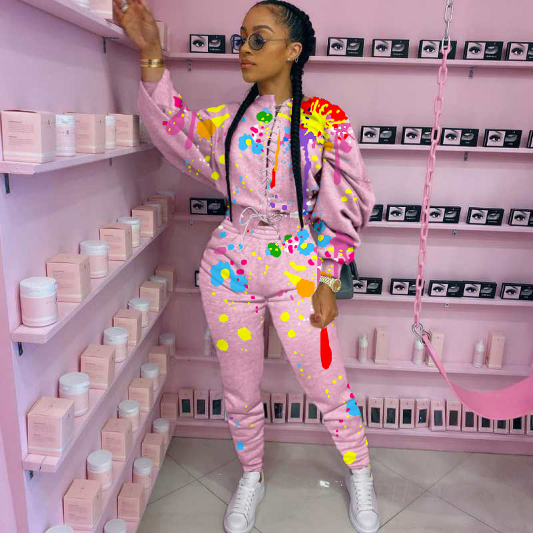 Women's Two Piece Pants European and American women's fashion lace-up graffiti printed sweater two-piece suit