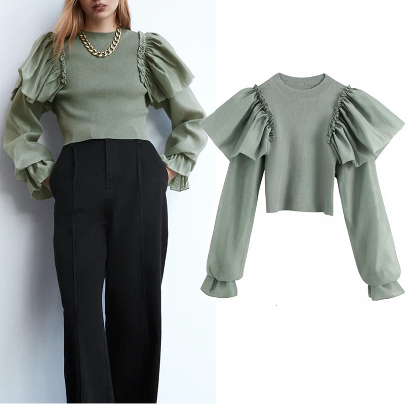 2021 New Green Knitted Cropped Sweater Women O-neck Long Puff Sleeve Contrast Ruffle Tops Fashion Patchwork Laddies Sweaters 8nhd
2021 New Green Knitted Cropped Sweater Women O-neck Long Puff Sleeve Contrast Ruffle Tops Fashion Patchwork Laddies Sweaters 8nhd