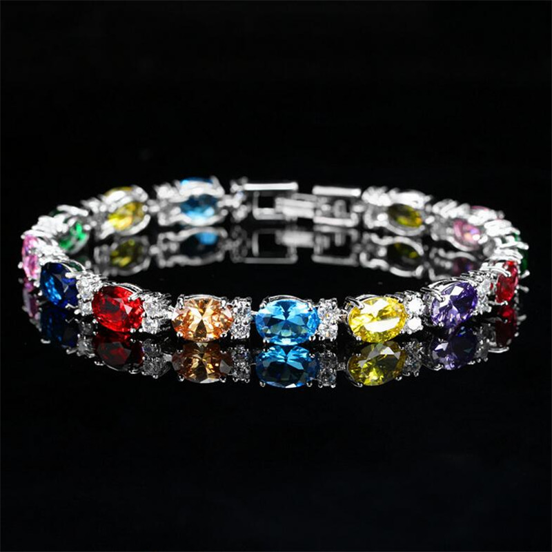 Victoria Luxury Jewelry Brand New 925 Sterling Silver Oval Cut Blue Sapphire CZ Diamond Ruby Popular Women Wedding Bracelet For Lover Gift