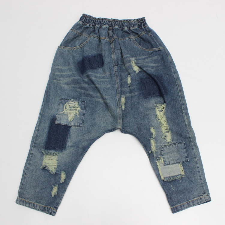 SHENGPALAE Spring Casual Blue Pleated Patchwork Elastic Hole Mid Waist Loose Fashion Full Length Harem Pants Women OA723 201113