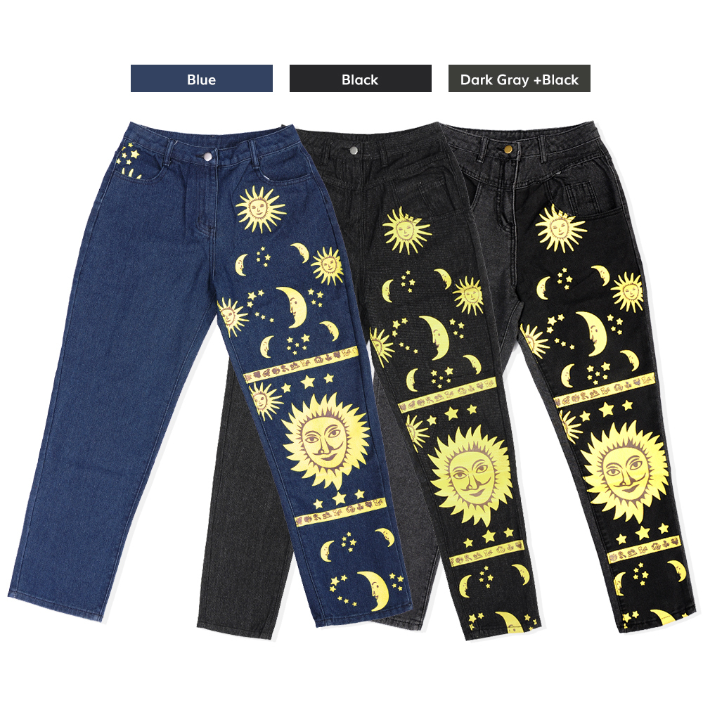 Fashion Sun Star Printed Pants Jeans Women Autumn Black High Waist Young Girls Chic Denim Trousers Woman Cool Boyfriends Jeans 201029