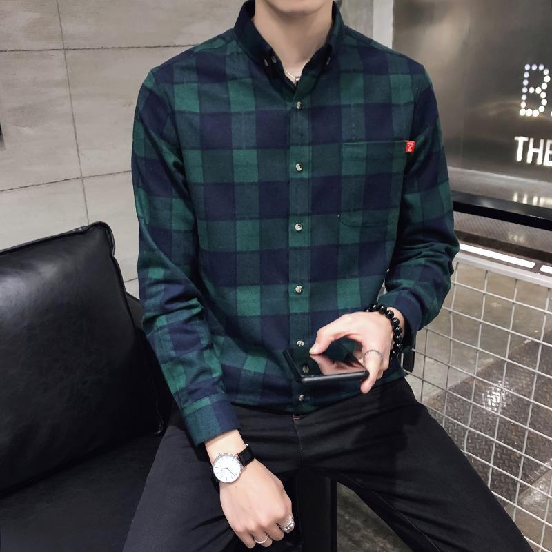 2020New Men's Casual shirts 100% Cotton Strtped Shirts Long sleeve men's shirt slim shirt British Plaid, Green