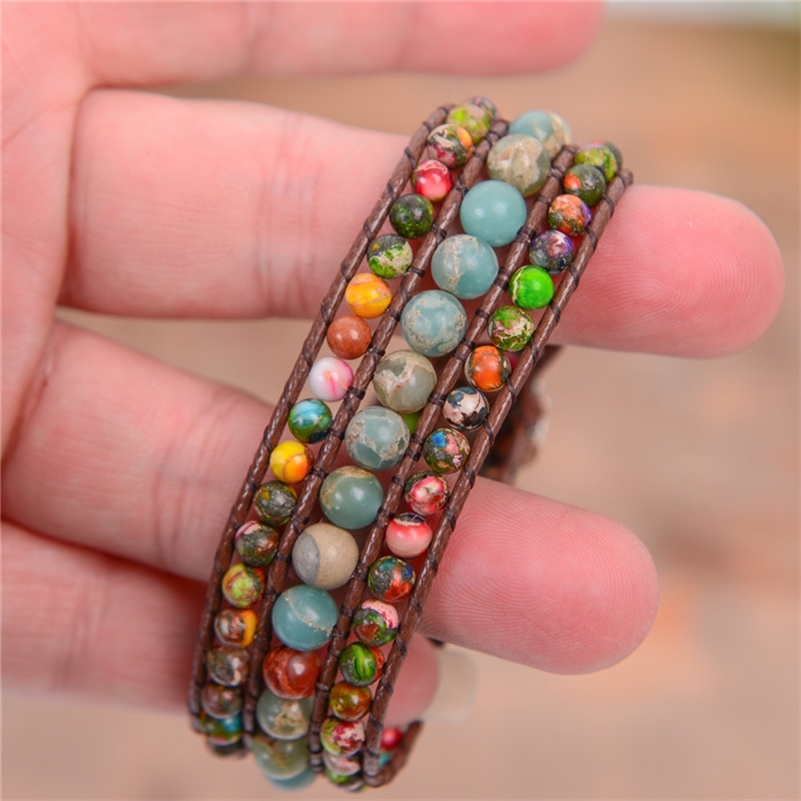 Drop Women Boho Three Layer Round Shape Emperor Stone Single Leather Wrap Friendship Beaded Bracelet Y200918
