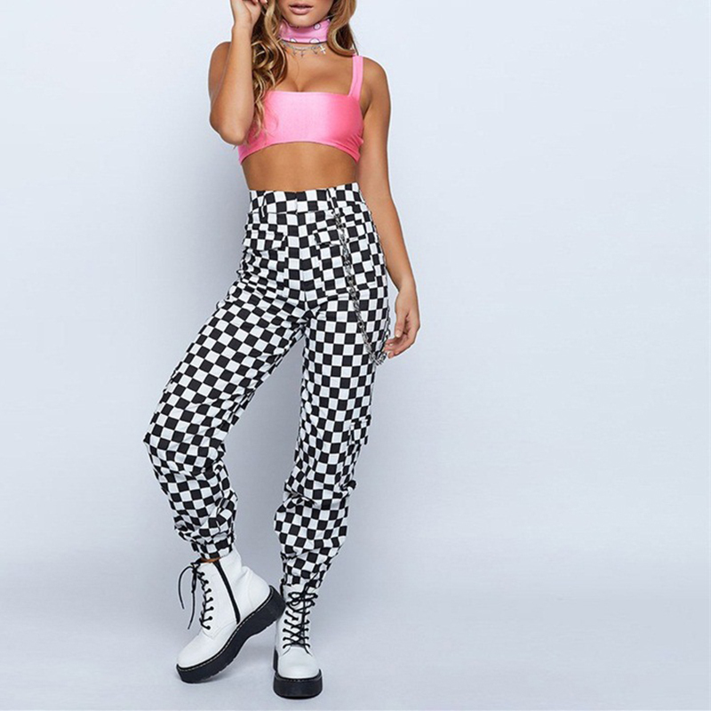 Vangull Women Checkerboard Plaid Joggers Pants Fashion Hip Hop High Waist Loose Pants Pantalon with Chain Female Plaid Trousers 201031