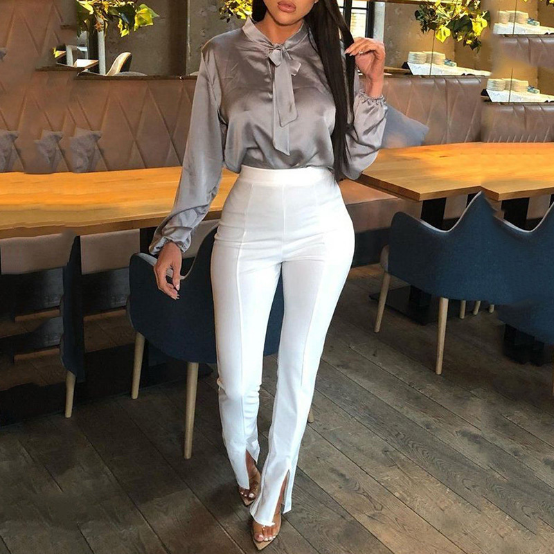 High Waist Pants Women Trousers Casual Office Lady Front Slit Elastic Waist Pencil Trousers Sexy Ladies Skinny Pants Workwear 201113