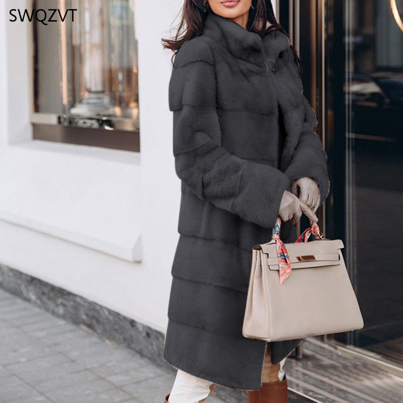 SWQZVT Warm Solid Color Women Parkas Fashion Long-Sleeved Stand Collar Fur Stitching Long Ladies Coat Winter Jacket 201125