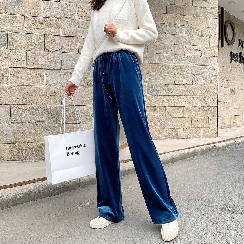 Casual Women Pants velvet pants Autumn Long straight wide soft leg Trousers Elastic waist high quality Female 201031