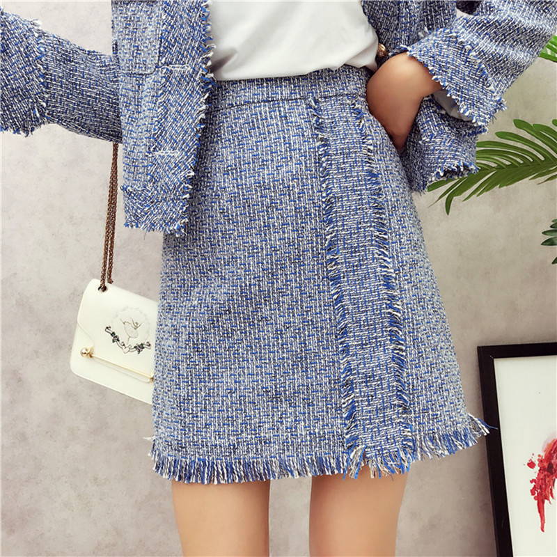 Autumn Winter Runway Tweed Suit Set Womens Single Breasted Short Jacket Coat High Waist Tassels Bodycon Mini Skirt Suit 201102
