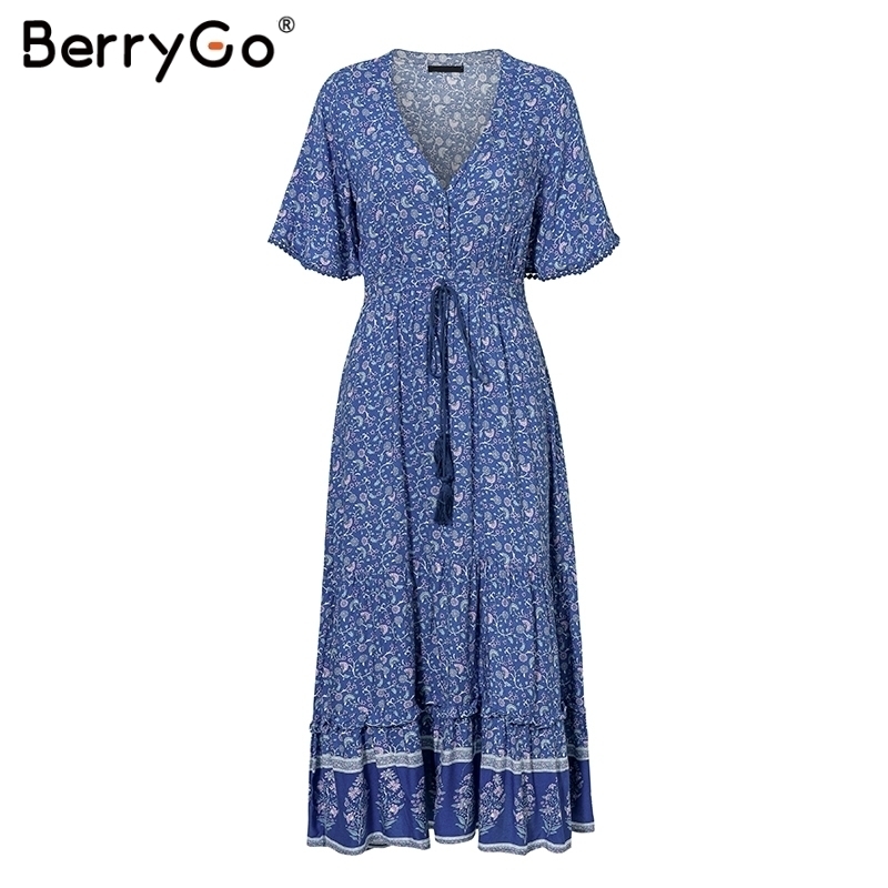 BerryGo women dresses Bohemian dresses print summer dress Short sleeve ruffled long maxi dress vneck drawstring ladies vestidos T200320