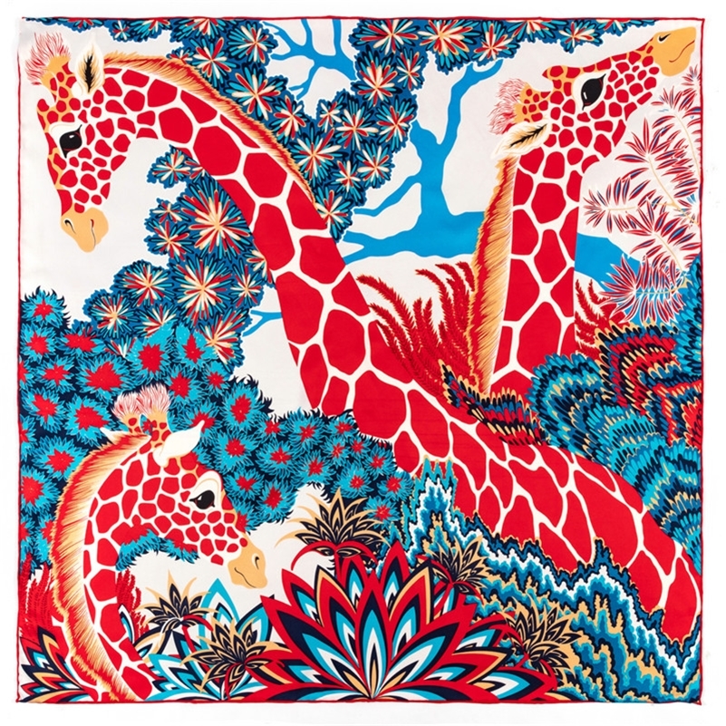 POBING Manual Hand Rolled Twill Silk Scarf Women Three Giraffes Square Scarves Eces Foulards Femme Wrap Bandana Hijab 90CM 201023 dh910320090