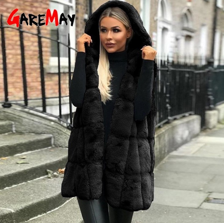 Faux Fur Vest women's Winter Sleeveless Casual long coat Female Fluffy Plush Vest Hooded Overcoats For women Fur Jacket S-2XL 201029