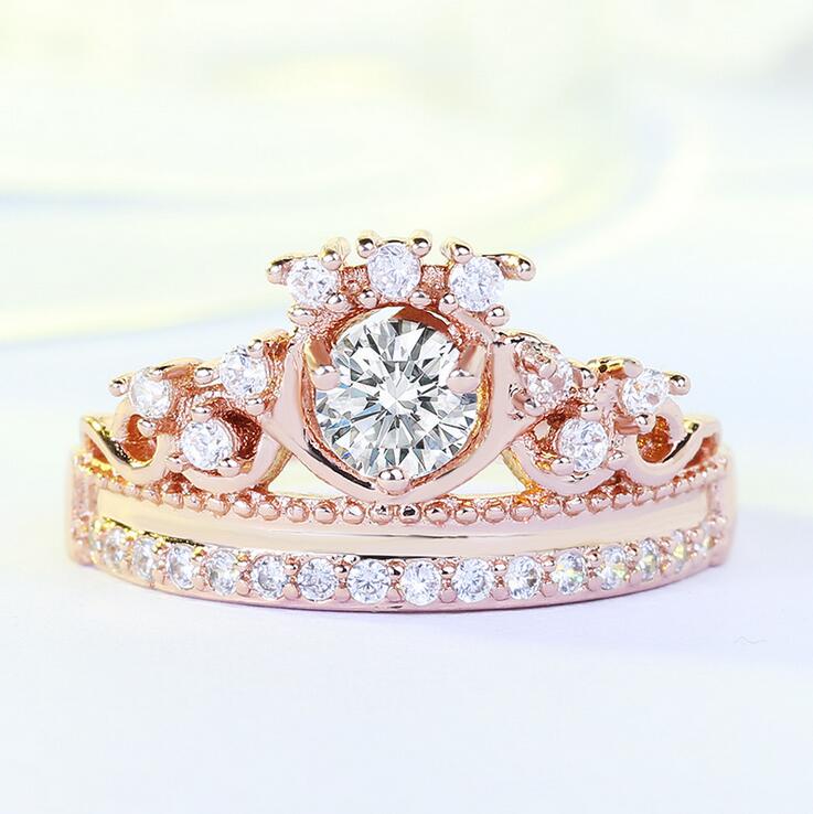 Christmas Gift Luxury Jewelry 925 Sterling Silver&Rose Gold Fill Round Cut White Topaz CZ Diamond Party Women Wedding Crown Band Ring Gift