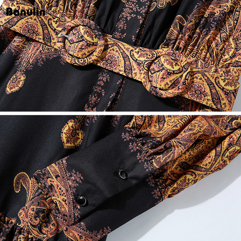 Banulin Autumn Runway Winter Long Dresses Women Lantern Sleeve Vintage Floral Print Casual Maxi Dress Robe Longue Femme ete 201029