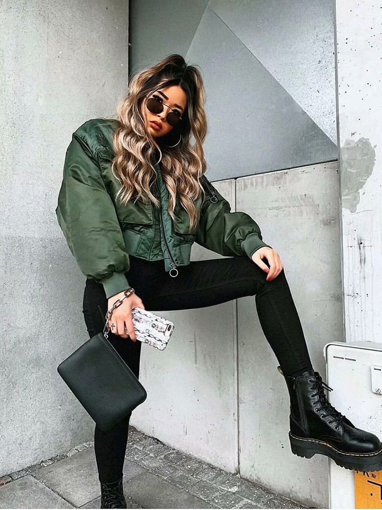 Fashion Vintage Women Chic Green Oversize Bomber Jacket Stylish Female Pockets Zippers Coat Casual Ladies Outerwear T200212