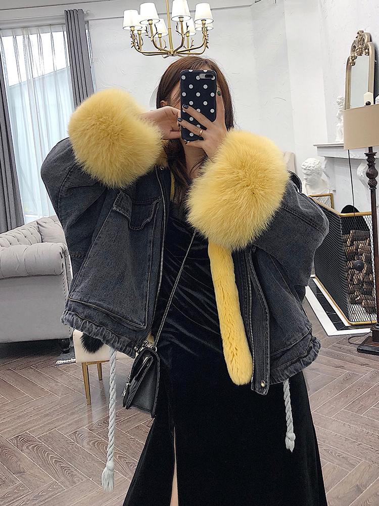 Denim Parka Women Winter Jacket Real Fox Fur Collar Cuffs Rabbit Lining Warm Loose Outerwear Streetwear Removable 201027