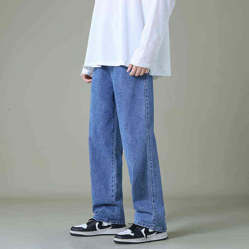 New Autumn Men Denim Wide-leg Pants Korean Style Straight Light Blue Baggy Jeans Elastic Waist Student Trousers Male Black Gray G0104