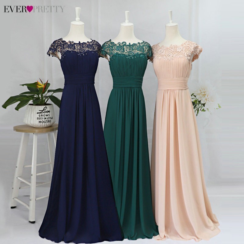 Long Evening Dresses Ever Pretty New Simple Dark Green Chiffon Plus Size ONeck Appliques Lace ALine Formal Party Dress 201114