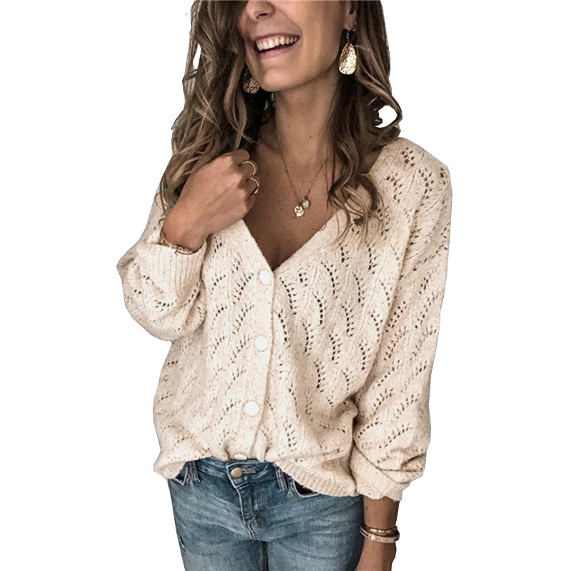 Cardigan Autumn Winter Sweater Women Crocheted Hollow V-neck Long-Sleeved Single-Breasted Cotton Cashmere Knitted Cardigan 201109