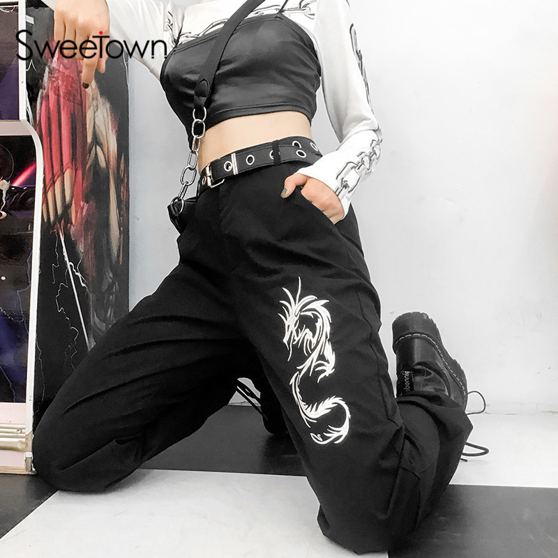 Sweetown Chinese Style Dragon Embroidery Cargo Pants Women Black High Waist Pocket Trousers Streetwear Womens Joggers Sweatpants T200103