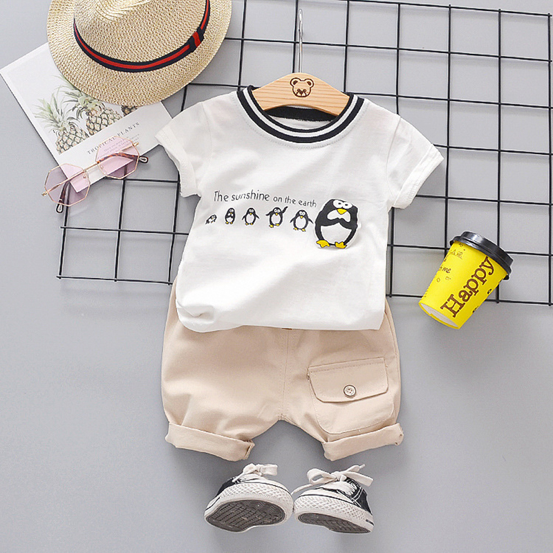 Penguin Pattern Kids Short Sleeve Suit Baby Boys Girls Clothing Sets Children's T-shirts+Shorts 2Pcs Boy Girl Clothes Cute KidsX1019