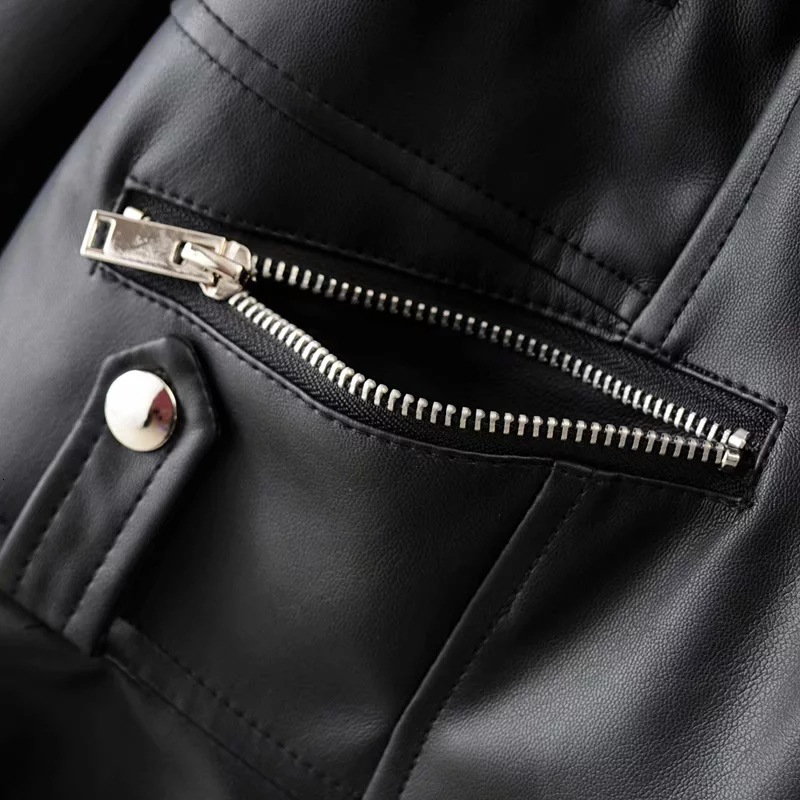 TWOTWINSTYLE Spring Woman Solid Color Long Sleeve Turn-down Collar Zippers Irregular Hem Loose PU Coat Jacket Fashion New 201023