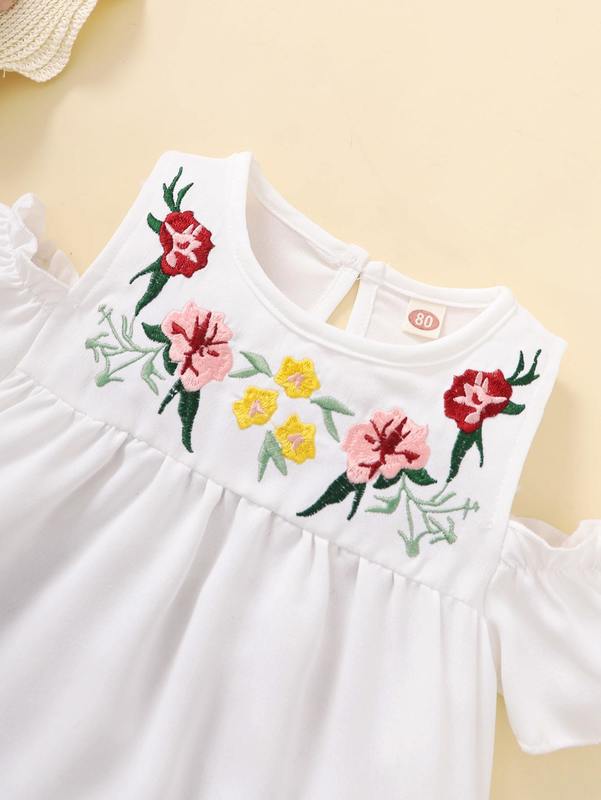Baby Floral Embroidery Cold Shoulder Puff Sleeve Dress SHE