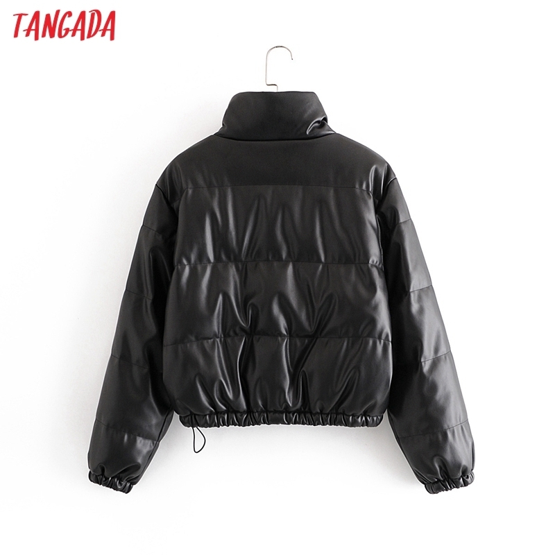 Tangada Women Black Faux Leather Oversize Parkas Thick Winter Zipper Pockets Female Warm Elegant Coat Jacket QN63 201112