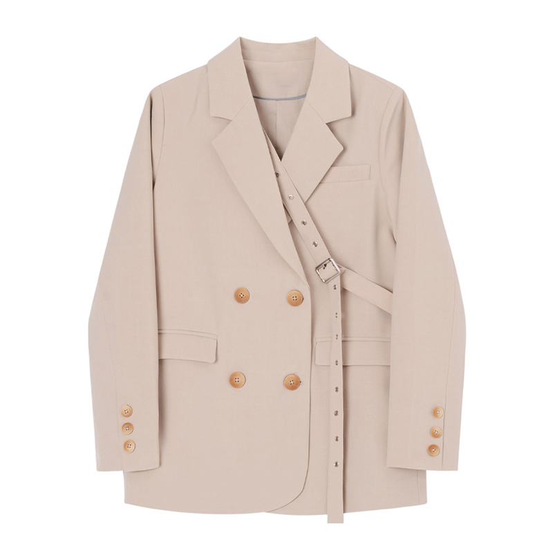 EAM Women Blue Brief Bandage Temperament Blazer Lapel Long Sleeve Loose Fit Jacket Fashion Spring Autumn 1Z155 201114