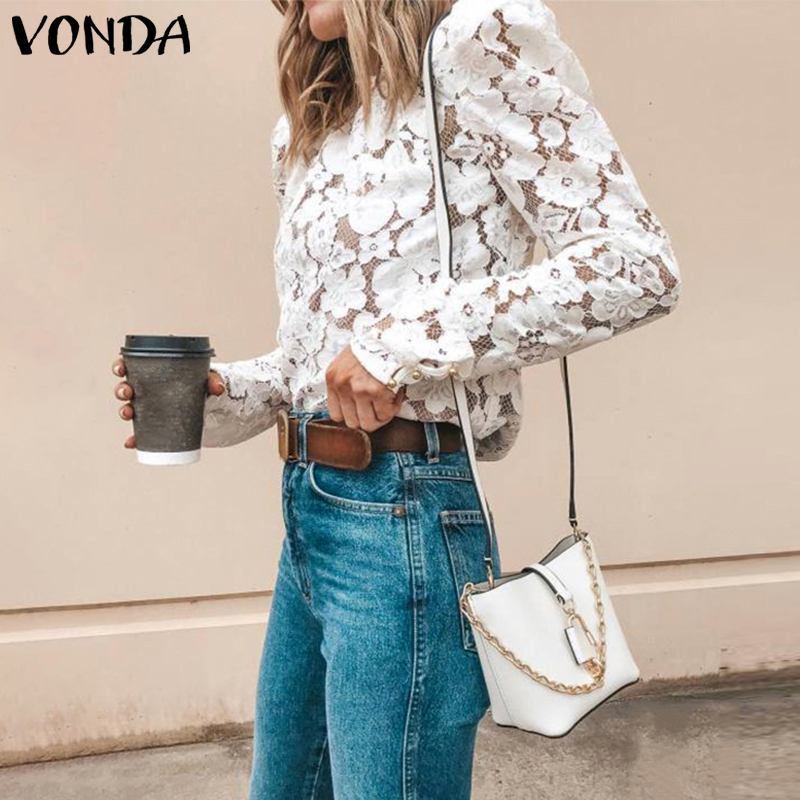 VONDA White Lace Blouse Women Shirt 2019 Spring Bohemian Sexy Long Sleeve O Neck Hollow Blouse OL Shirt Casual Tops Blusas S5XL T200321