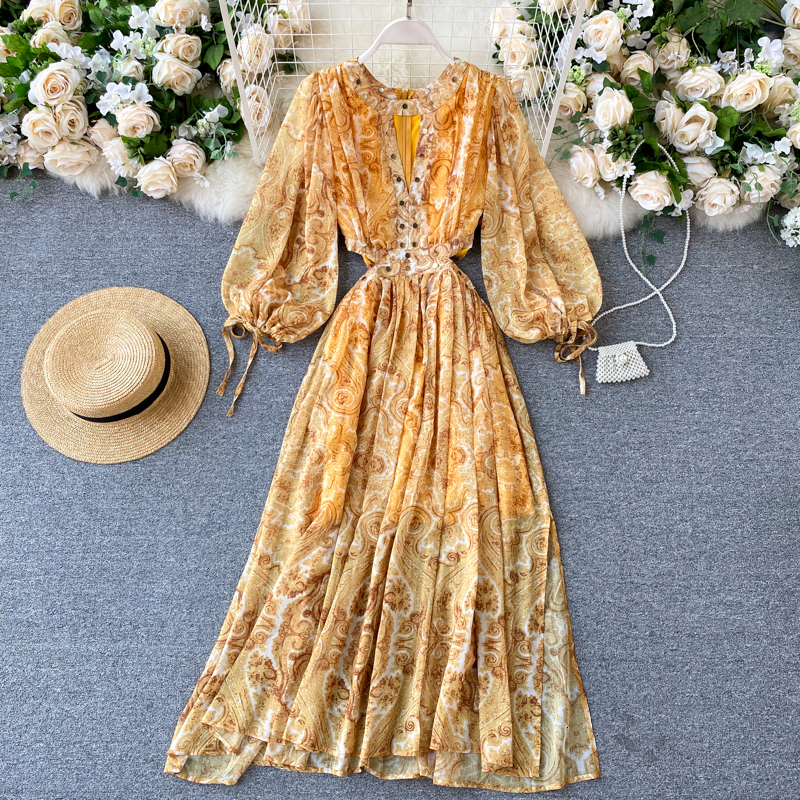 2021 New retro female singing print dress long autumn fashion neck puff the line bohemian design dressed 0P5K, Yellow.
2021 New retro female singing print dress long autumn fashion neck puff the line bohemian design dressed 0P5K, Yellow.