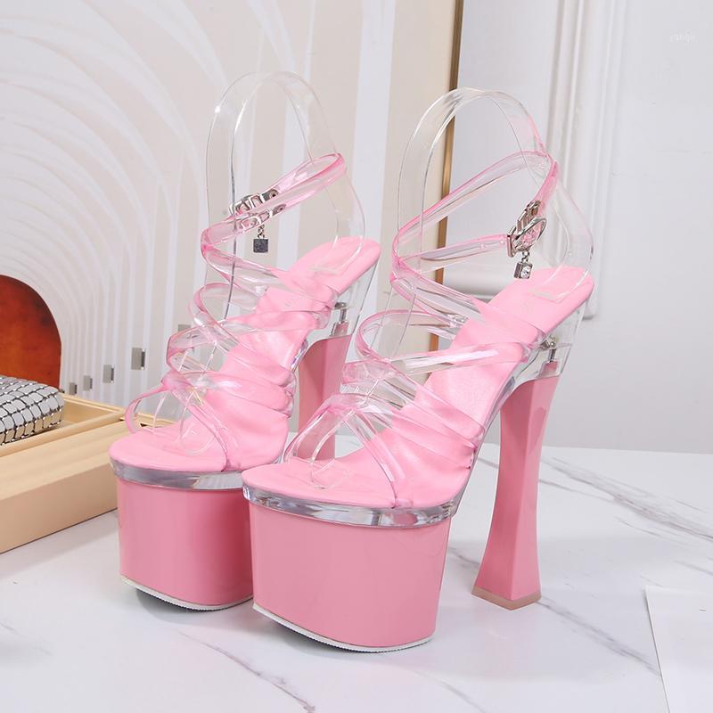 2021 Summer Elegant Women Transparent Extreme High Heels Pink Sandals 8cm Platform Party Sandals Plus Size Lady Asakuchi Shoes1, 18cm high heels