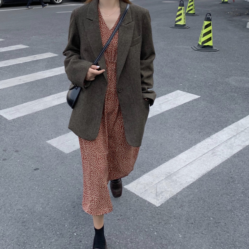 Fashion Autumn Women Stripe Woolen Blazers and Jackets Work Office Lady Suit Slim Double Breasted Business Female Blazer Coat 201106