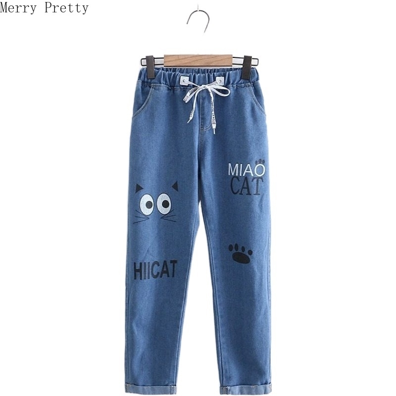 Women Cartoon Letter Print Funny Jeans Summer Fashion Bule Denim Jeans Female Ankle Length Straight Pants With Pockets 201029