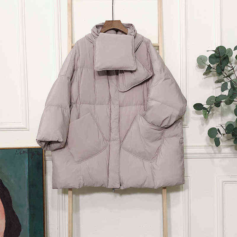 Winter Jacket Women Solid With Scarf Warm Female 90%White Duck Down Jacket Down Coat Loose Oversized Womens Long Down Parka 211221wtt