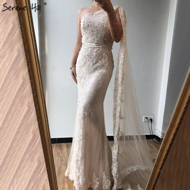 Champagne One Shoulder Mermaid Sexy Evening Dressese Sleeveless Lace Pearls Formal Dress Serene Hill LA70181 201114