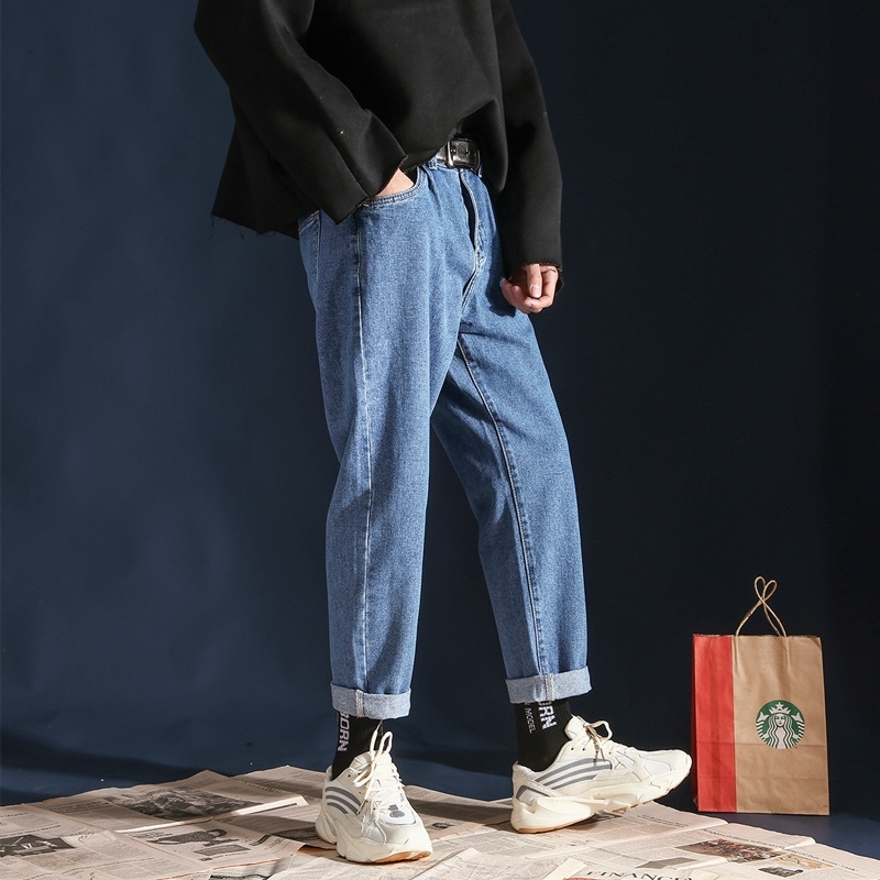 Spring Summer Fashion harem black denim pants men's Korean straight jeans men's loose wide leg casual cropped pants homme 201111