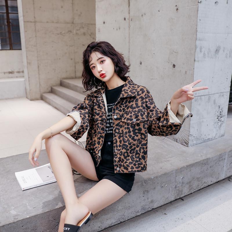 Vintage Leopard Print Jean Jacket Women tassel bat Long Sleeve Bomber Jackets Casual Spring Autumn Loose Short Denim Coat 201017