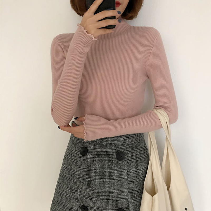 shintimes Women Sweater Slim Sexy Knitted Turtleneck Ruched High Elastic Solid Fall Winter Fashion Sweater Women Pullovers 201111wtt