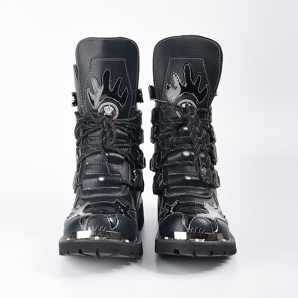 Punk Rock Men Boots Black Leather Ankle Shoes Lace Up Metal Decoration Personality Mens Shoes 201126