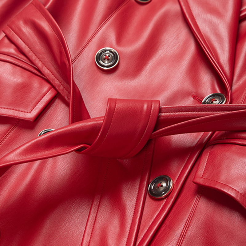 Nerazzurri Red long leather trench coat for women long sleeve sashes lapel Maxi soft rain coat women British style leather coats 201226