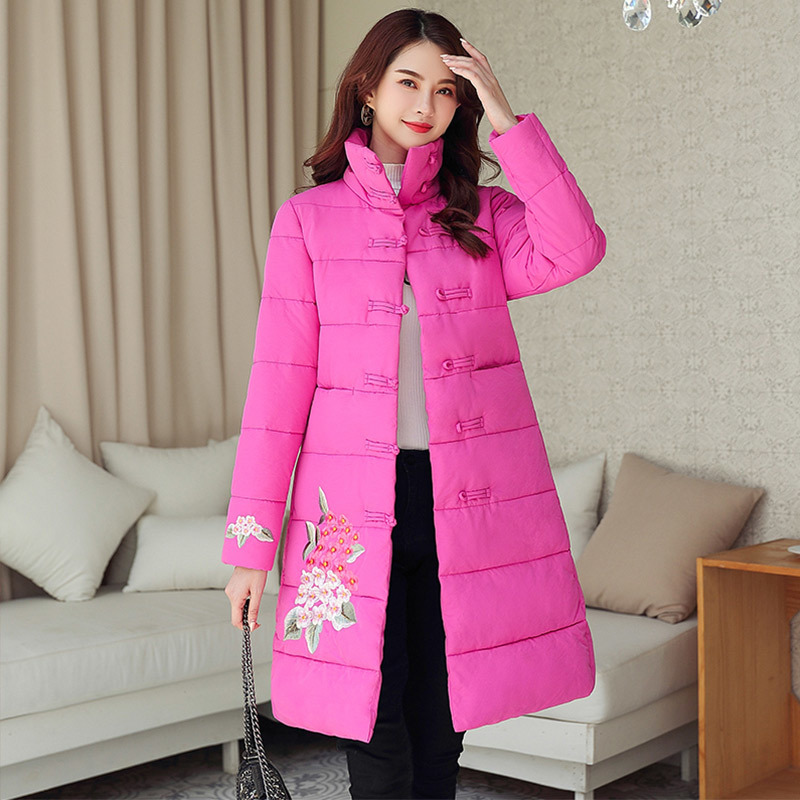 Embroidery Cotton Padded Parka For Women's Coat Chinese Style Thick Warm Long Parkas Female Women's Winter Jacket Ladies Outwear 201027