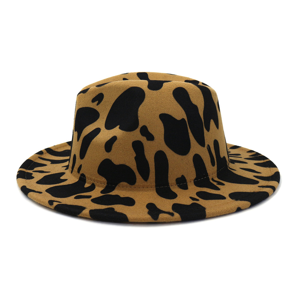 European US British Style Cow Print Jazz Felt Hat Faux Wool Fedora Hats Women Men Wide Brim Panama Party Formal Hat