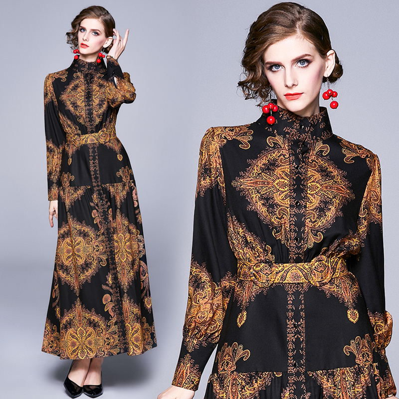 Banulin Autumn Runway Winter Long Dresses Women Lantern Sleeve Vintage Floral Print Casual Maxi Dress Robe Longue Femme ete 201029