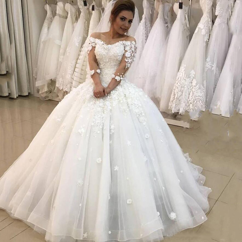 Arabic Off Shoulder Long Sleeves Lace Ball Gown Wedding Dresses with 3D Floral Appliques Sweep Train Lace Up Back Tulle Bridal Gowns, Ivory
Arabic Off Shoulder Long Sleeves Lace Ball Gown Wedding Dresses with 3D Floral Appliques Sweep Train Lace Up Back Tulle Bridal Gowns, Ivory
