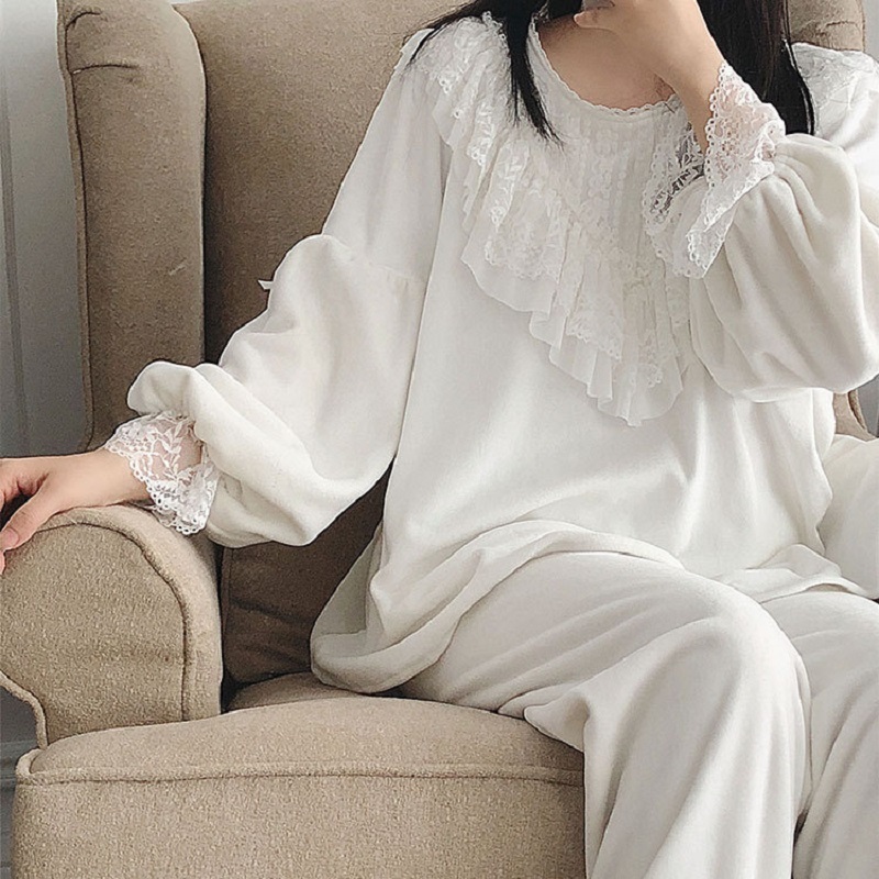 High Quality Thick Bright Velvet Women's Pajamas Sets Autumn Winter Vintage Sweet Female Flannel Pyjamas Long Sleeve Sleepwear 201113