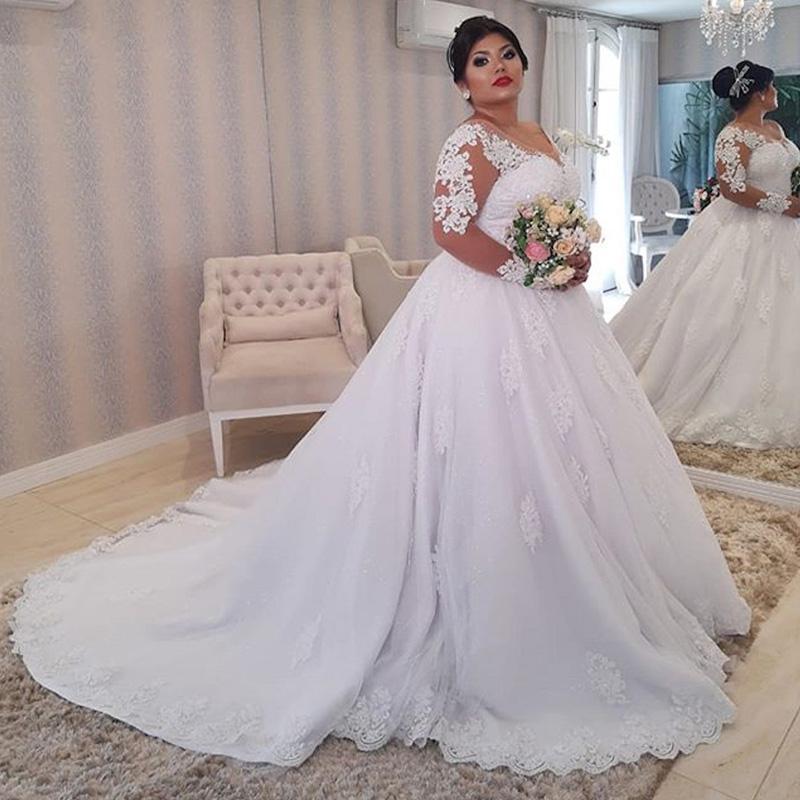 Princess New Lace Wedding Dresses Plus Size Illusion Long Sleeve Pearls Beading Appliques White Bridal Gowns vestido de noiva