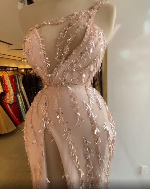 arabic aso ebi pink luxurious sparkly evening dresses feather sequins prom dresses high split formal party second reception gowns zj223