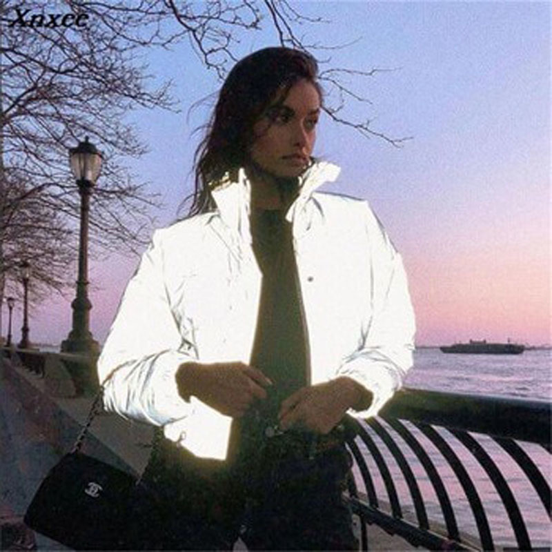 FORERUN Winter Reflective Jacket Women Puffer Coat Stand Collar Bubble Jackets Silver Casual Parka Thicken Manteau Femme Hiver T200114
