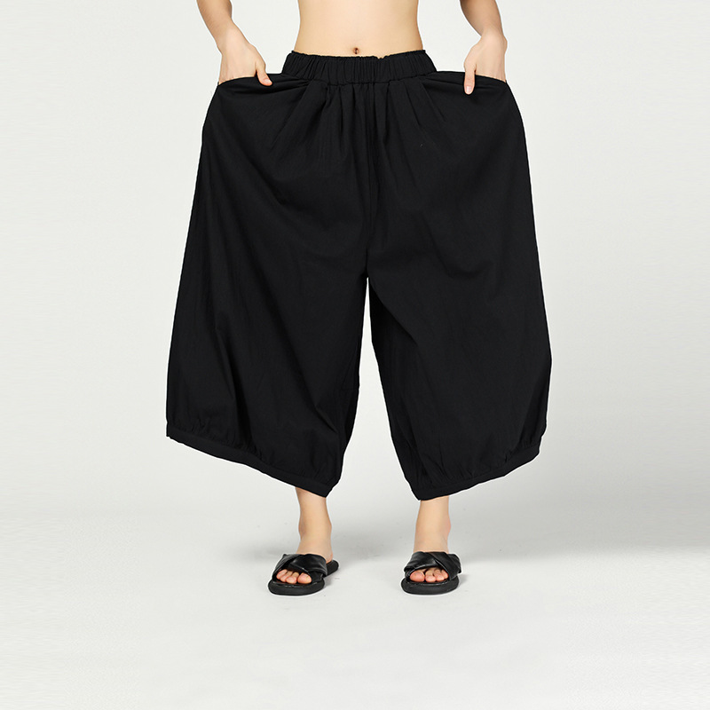 [EAM] New Spring Summer High Elastic Waist Loose Black Brief Linen Wide Leg Pants Women Trousers Fashion Tide JR012 201111