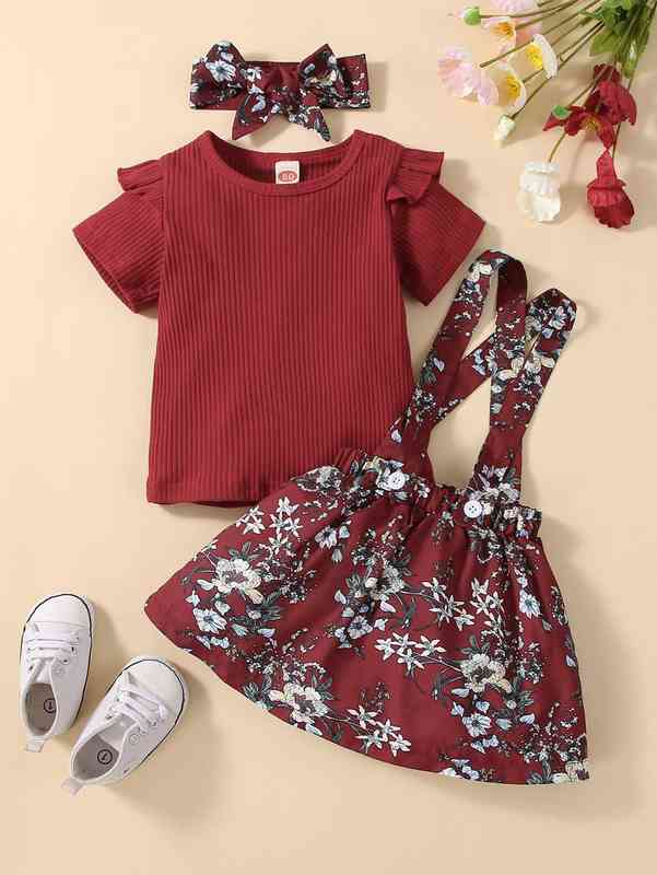 Baby Ruffle Trim Tee & Floral Print Crisscross Pinafore Skirt & Headband SHE